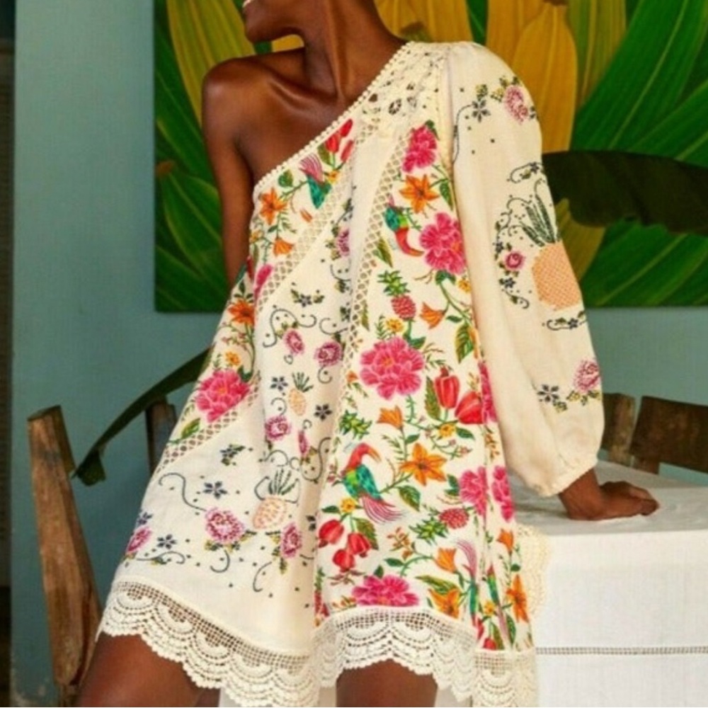 FARM Rio Toucan One-shoulder Mini Dress